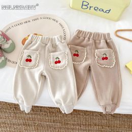 Trousers 2023 Winter New in Kids Baby Girls Cute Harem Pants Toddler Thick Plush Warm Embroidery Cherry Trousers , Children Clothing