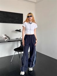 Deeptown Y2K Vintage Navy Blue Track Pants Women Streetwear Wide Leg Sweatpants Oversized American Retro Striped Sports Trousers