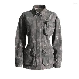 Women's Jackets 2024 Personalized Camouflage 3D Large Pocket Flip Collar Waist Wrap Workwear Style Denim Long Sleeved Jacket