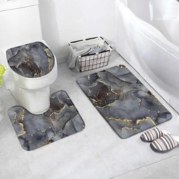 Bath Mats Abstract Grey Marble Mat Set Gold Crackle Pattern Modern Flannel Home Carpet Bathroom Decor Non-Slip Rugs Toilet Lid Cover