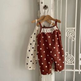 Trousers 2024 Spring New Girl Infant Dots Print Lace Overalls Baby Fashion Suspenders Pants Toddler Cotton Jumpsuit Kid Casual Trousers