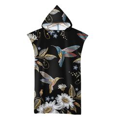 New Bird Flower Printed Hooded Cloak Bath Towel Robe Microfiber Beach Towels Beach Blanket Swimming Bathroom