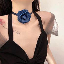 Pendant Necklaces Trendy And Fashionable Blue Rose Flower Fabric Necklace Female Sexy Girl Exquisite Fashion Personalised Short