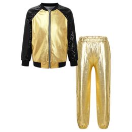 Kids Girls Hip-hop Street Dance Costume Spring Autumn Long Sleeve Shiny Sequin Zipper Jacket Coat+Metallic Pants for Performance