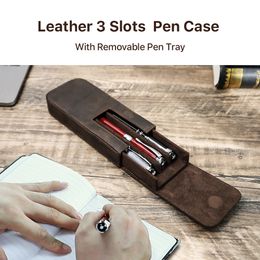 Handmade Genuine Leather 3 Slots Pen Case Pouch For Pens Cowhide Office School Bag Organiser Adult Men Student Retro Style Gift