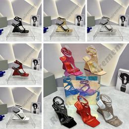 Women Wedge Dress Shoes High Heels Womens Designer Genuine Leather Pumps Lady Sandals Wedding 8.5cm Crystal encrusted Ankle Wraparound Party women shoes heels