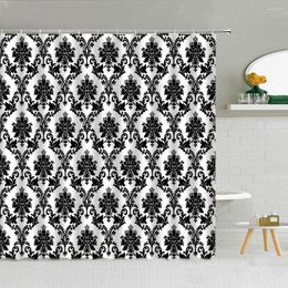 Shower Curtains Retro European Black White Flower Leaves Geometry Striped Plaid Bohemia Bath Decor Waterproof Cloth Curtain Set