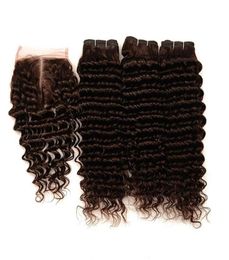 Peruvian Dark Brown Human Hair Weave Bundles with Closure Deep Wave Wefts with Closure 4 Chocolate Brown Lace Closure 4x4 with We5749549