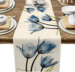 13x70 Inch Linen Blue Tulip Table Runner Farmhouse Burlap Dining Table Dresser Table Runners Wedding Party Xmas Table Decoration