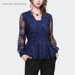 Women's Blouses Nylon Womens Long Sleeve Square Neck Hollow Out Sequined Blue Lace Blouse 2024 Spring Summer Ladies Fashion Shirts Tops