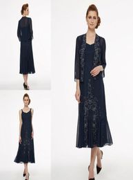 Navy Beaded Mother of the Bride Dresses With Jacket Tea Length Wedding Party Formal Evening Gowns Plus Size Mothers Groom Dress8205750
