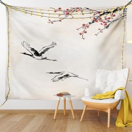 Japanese Crane Tapestry Ocean Wave Sunset Wall Hanging Cherry Blossoms Tapestries Bedroom Living Room Home Dorm Wall Decor Cloth