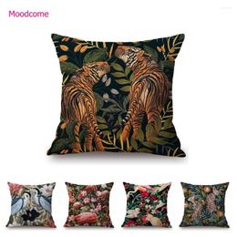 Pillow Tropical Plants Leaves Animal Tiger Flagmingo Birds Home Decoration Art Sofa Case Cotton Linen Car Cover