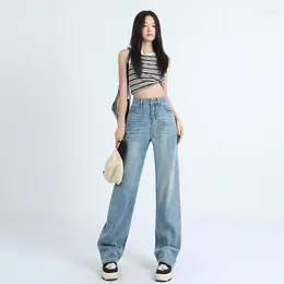 Women's Jeans High Quality Wash Blue Pink Leather Brand Waist Wide Leg Drape Mop Pants Cropped Trousers Lengthened