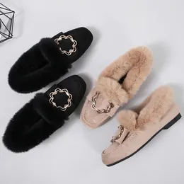 Casual Shoes 2024 Winter Cotton Pregnant Women Flower Metal Buckle Fur Flats Woman Warm Plush Loafers Fluffy Moccasins Plus Size 35-42