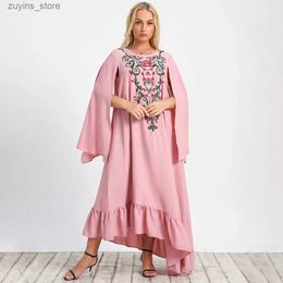 Basic Casual Dresses Boho Curve Dress for Women Middle East Fashion Arabian Plus Size Female Robe Pink Embroidered Dress Muslim Prayer Ethnic Dress L49