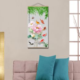 Modern Chinese Style Exquisite Goldfish Lotus Leaf Lotus Decorative Wall Art Poster Canvas Painting Scroll Frame