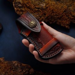 Outdoor Tools Planting Carved Leather Cover Head Layer Cowhide Folding Knife Cover Leather Case Storage Pocket Knife Case