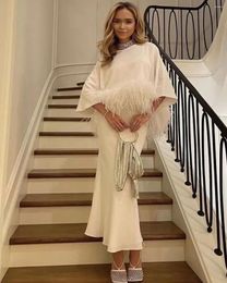 Party Dresses Saudi Arabia Prom Ankle Length Evening O-Neck Feathers Edge Wraps Dress Zipper Formal