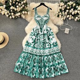 Casual Dresses 2024 Spring Summer Holiday Beach Long Dress Boho Women Sexy V Neck Green Flower Print Backe Elastic High Waist Robe Vestidos