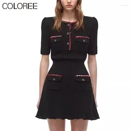 Party Dresses Elegant Ruffles Short Sleeve Black Knitted Sweater Dress For Women 2024 Runway Designer Mini Korean Fashion Clothing