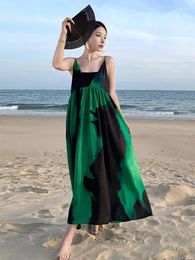 Casual Dresses Women 2024 Summer Green Black Patchwork V Neck Sexy Backless Sleeveless Slip Long Lady Elegant High Waist Chic Dress Y2k