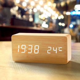 Alarm LED Voice-Activated Digital Thermometer Wooden Square Alarm Clock USB/AAA Powered Date Display Electronic Desktop Clock