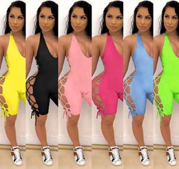 womens sexy Halter backless Jumpsuit summer V neck sleeveless Bandage hollow out shorts Capris Rompers bodysuit onesies plus size 9166994