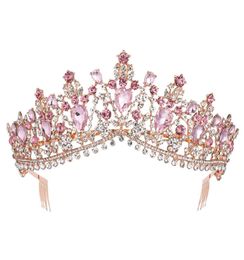 Baroque Rose Gold Pink Crystal Bridal Tiara Crown With Comb Pageant Prom Rhinestone Veil Tiara Headband Wedding Hair Accessories Y9930017