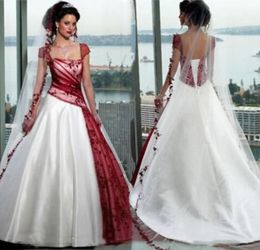 Vintage White And Wine Red Wedding Dress With Long Veil Square Cap Sleeve Plus Size Lace up Corset Country Garden Bridal Gowns Got5757428