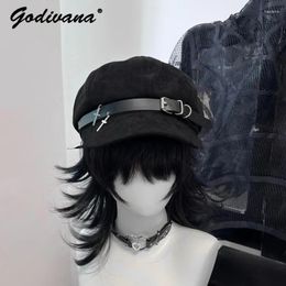 Berets Original Design Women's Black Beret Punk Style Subculture Neutral Painter Hat Cross Metal Girls Caps