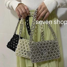 Drawstring Women's Fashionable High Quality Underarm Shoulder Bags 2024 Handheld Hollow Pearl Beaded Bag Ins Handmade Woven Handbag