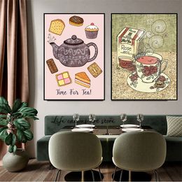 Vintage Time for Tea Cup Coffee Teapot & Cakes Art Poster Canvas Painting Wall Prints Picture for Baking Kitchen Room Home Decor