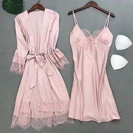 Satin Lace Pyjamas Suit Women Outfits PJS Sets With Trousers Lingerie Comfy Sleepwear Summer Kimono Robe Gown Sexy Nightwear