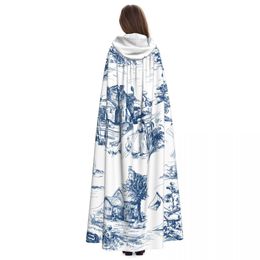 Unisex Adult Classic French Town Toile White And Blue Color Cloak with Hood Long Witch Costume Cosplay