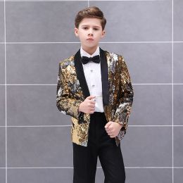 Trousers Children Sequin Dress Suit Set Boy Dress Stage Catwalk Piano Performance Costume Big Kids Blazer Pants 2pcs Clothes Set