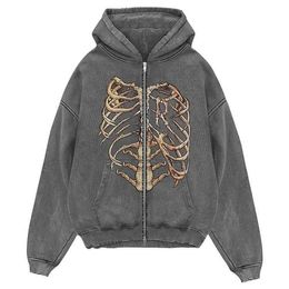 New Design Wash Hoodie Vintage Acid Distressed Skeleton Organic Cotton Zip Up for Men