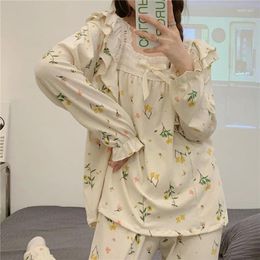 Home Clothing 2024 Square Collar Floral Print Cotton Gauze Sleepwear Spring Autumn Pajama Sets Breathable Long Sleeve Women Suit Ruffle