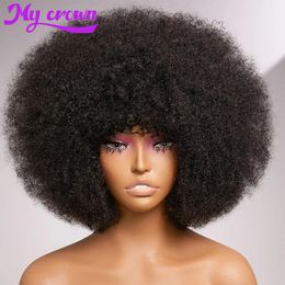Fluffy Afro Kinky Curly Human Hair With Thick Bang 70s Natural Short Bob s For Black Women 180% Density Full Machine 240402