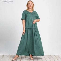 Basic Casual Dresses Plus Size V Neck Solid Frill Trim A-line Dress Women Summer Short Sleeve Knit Casual Ladies Maxi Long Dresses Xxxl 4xl L49