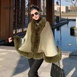 New Novelty Gradient Dyeing Faux Rabbit Fur Cape Shawl Big Knit Acrylic Cashmere Cardigan Poncho Women Winter Wraps Coat