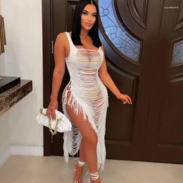 Casual Dresses Sexy See Through Bodycon Maxi Dress Women Evening Nightclub Elegant Crochet Hollow Out Tassel Summer Holiday Beach Outfits