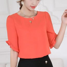 Dresses Spring Summer Chiffon Shirt Women's Fashion Pure Colour Short Sleeve Thin Top Office Ladies New Korean Leisure Work Blouse H7069