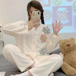 Women's Sleepwear Spring Double Long Cardigan V-neck Pyjamas Cotton Like Sleeved Korean Casual Sweet Lovely Girls' Home Clothes