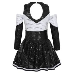 Kids Girls Shiny Sequins Cheerleading Uniform Dance Costume Long Sleeve Off-shoulder Round Neckline Cheerleader Dance Dress