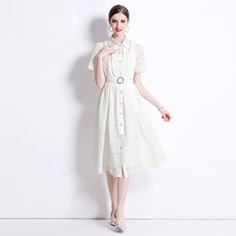 Runway Designer Women Hollow Out Lace Dresses Summer 2023 Elegant Single-Breasted Patchwork Midi Party Vestidos De Fiesta Robes