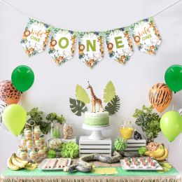 Jungle Animal Party Hanging Banner Kids Safari Birthday Party Decorations Wild One Jungle Paper Flag 1st Birthday Baby Shower