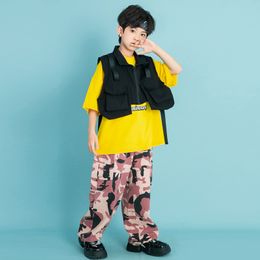 Teenage Stage Outfits Kids Hip Hop Clothing Yellow Tshirt Tops Pink Camo Pants For Girls Boys Jazz Dance Costume Street Clothes