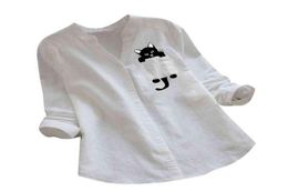 Women Cat Shirt Linen Blouse Long Sleeve Kawaii Blouses Tops Laple Pocket Down collared shirts Spring Woman Clothes H12305420163