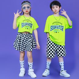Kids Hip Hop Clothes Letter Print T Shirt Top Casual Summer Plaid Shorts Skirt Mini for Girl Boy Jazz Dance Costume Street Wear